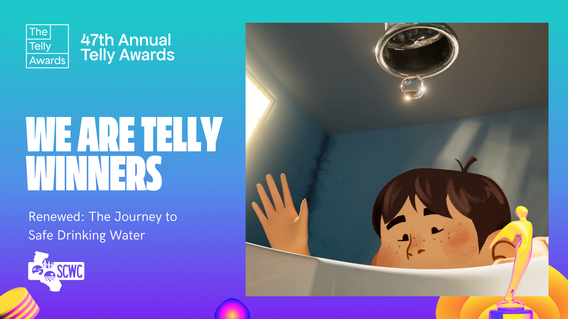 SCWC-2026-Telly-Awards A cartoon of a boy waving at a drop going down the drain. It is a still shot from the video Renewed: The Journey to Safe Drinking Water