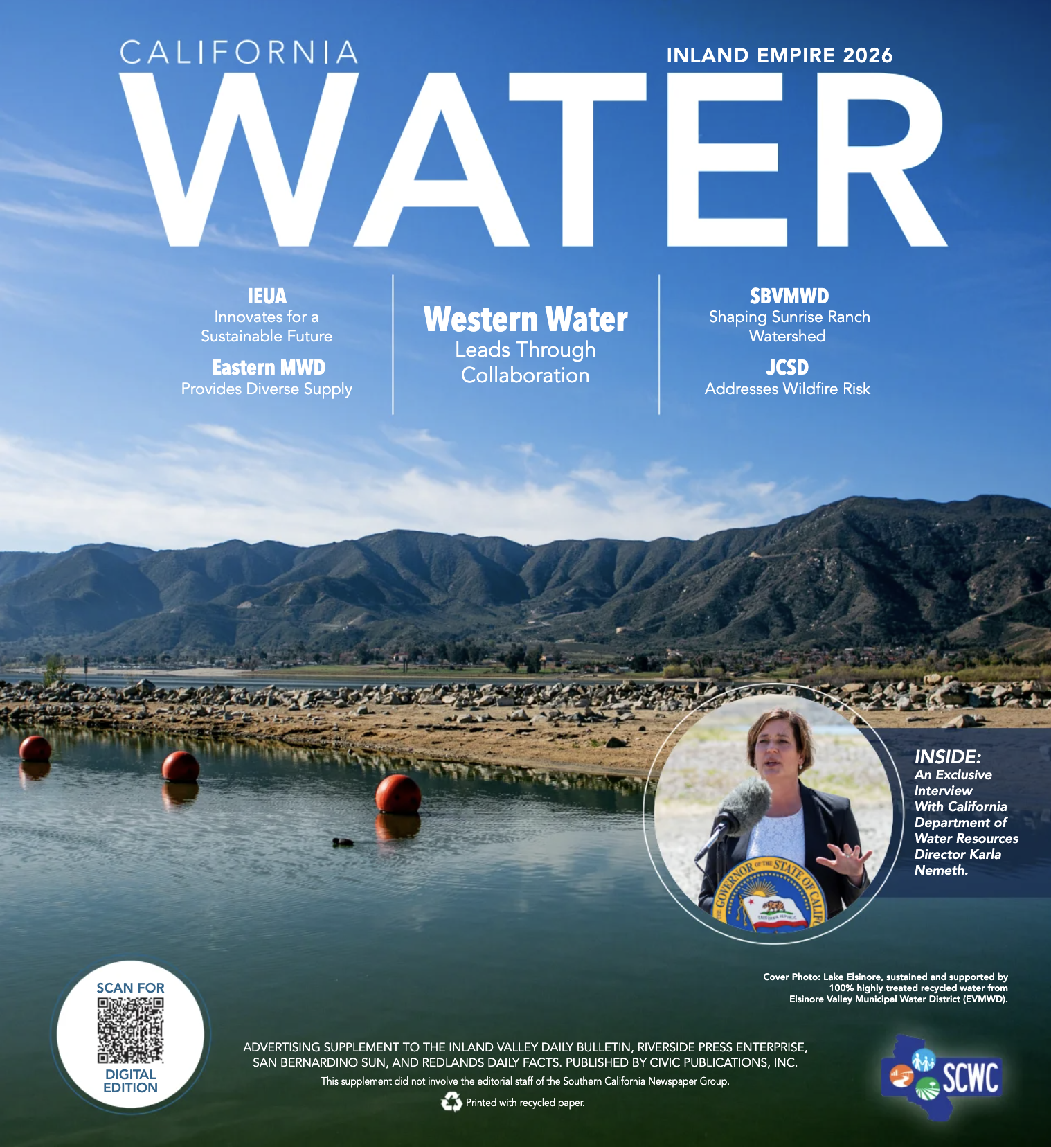 A magazine cover showing a lake with mountains in the background and the text of California Water