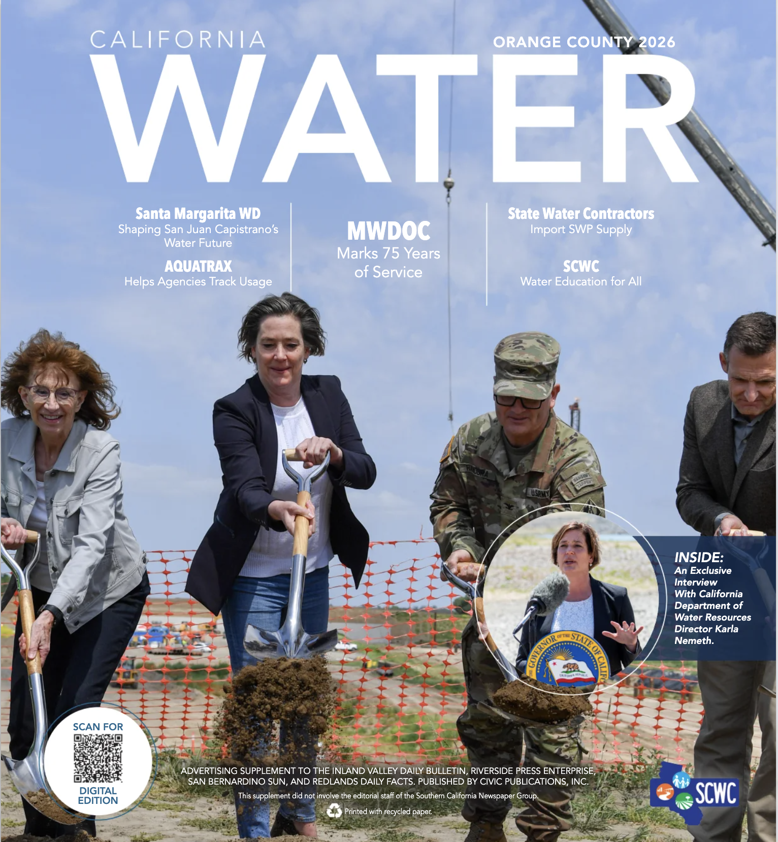 A magazine cover showing a body of water with mountains in the background.