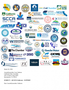 The initial page of a letter supporting California legislation to extend the State Water Project water rights permit. Multiple organizations have expressed their support and have included their logos on this page.