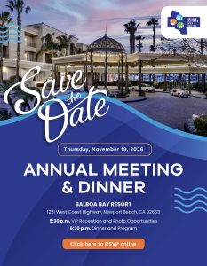 Southern California Water Coalition Annual Meeting & Dinner flyer. Save the date for Thursday, November 19, 2026, at Balboa Bay Resort in Newport Beach, California. VIP reception at 5:30 p.m.; dinner and program at 6:30 p.m.