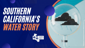 Title card reading Southern California's water story and showing rain clouds
